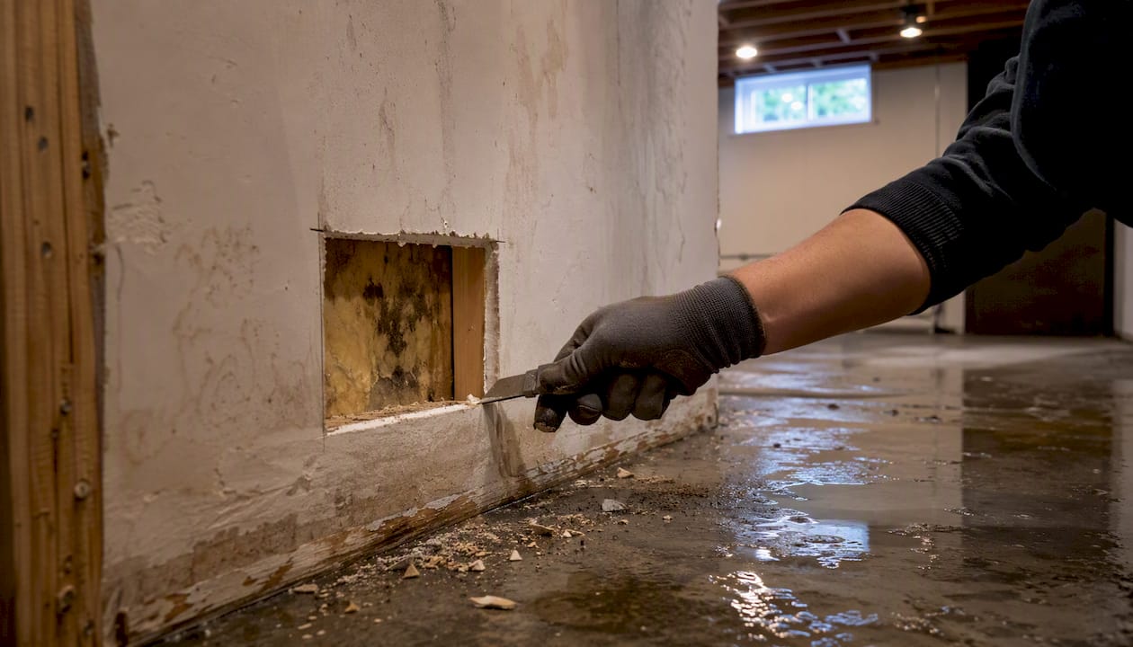 Hand cutting drywall hole exposing moldy insulation
