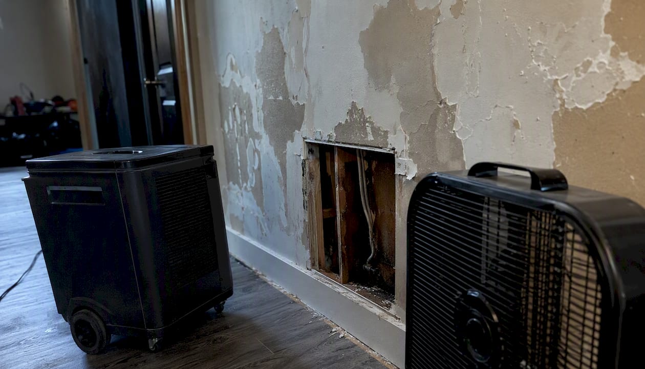 Drying damaged drywall with fan and dehumidifier