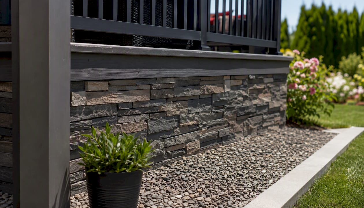 Stone veneer panels as deck skirting