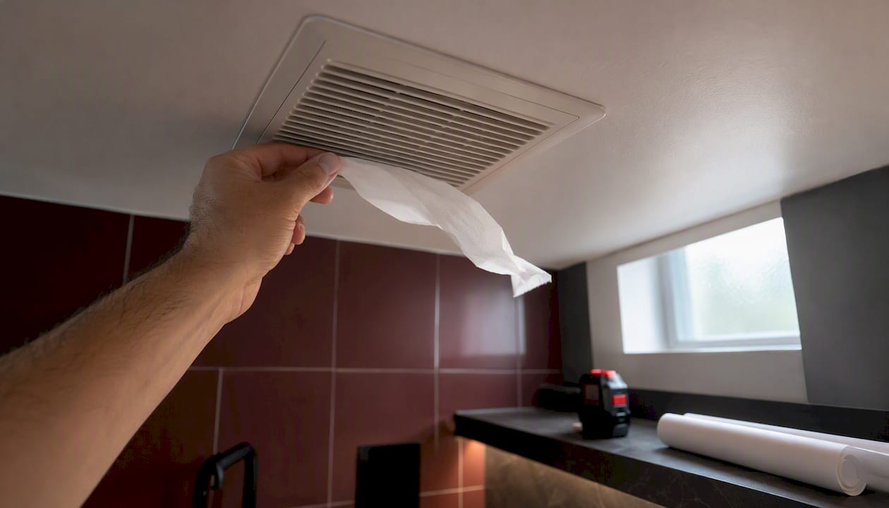 Checking airflow at bathroom exhaust grille with tissue