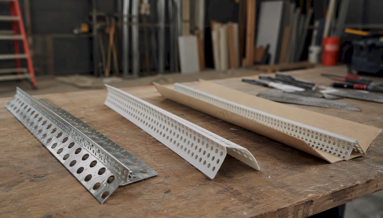 Samples of metal, vinyl, and paper-faced drywall corner beads