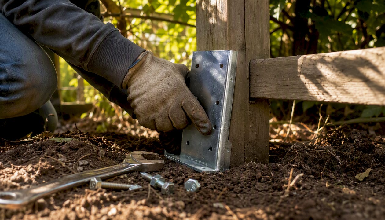 Hands aligning galvanized steel post mender on fence post