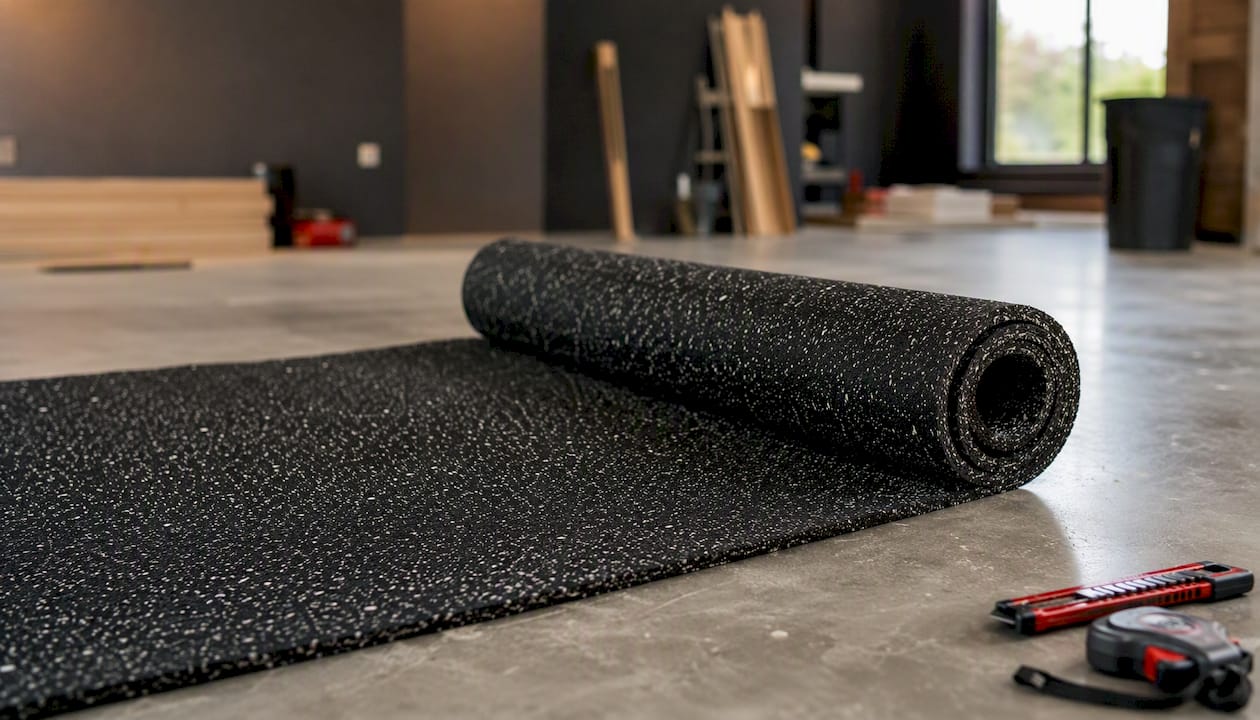 Close-up of recycled rubber underlayment on concrete
