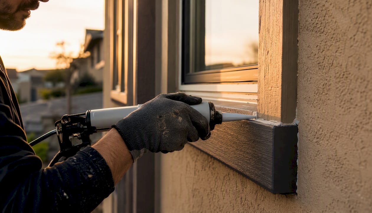 Hand applying sealant on exterior window trim joint