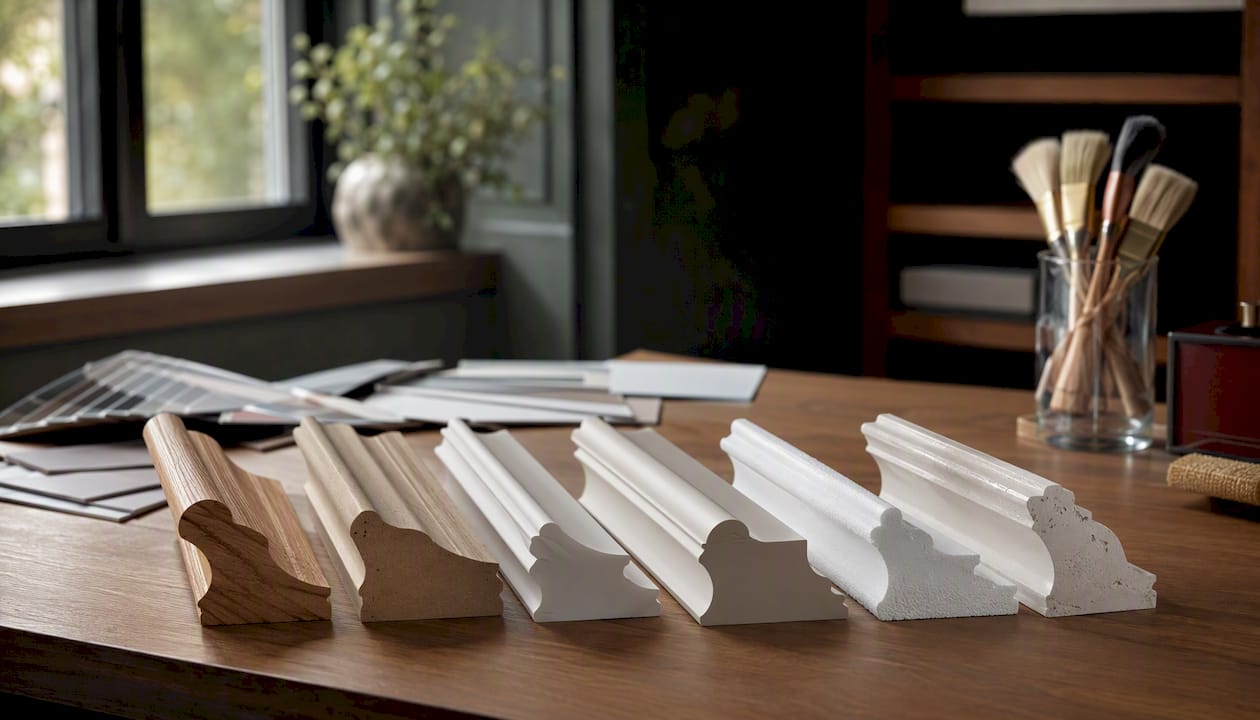 Six crown molding material samples close-up