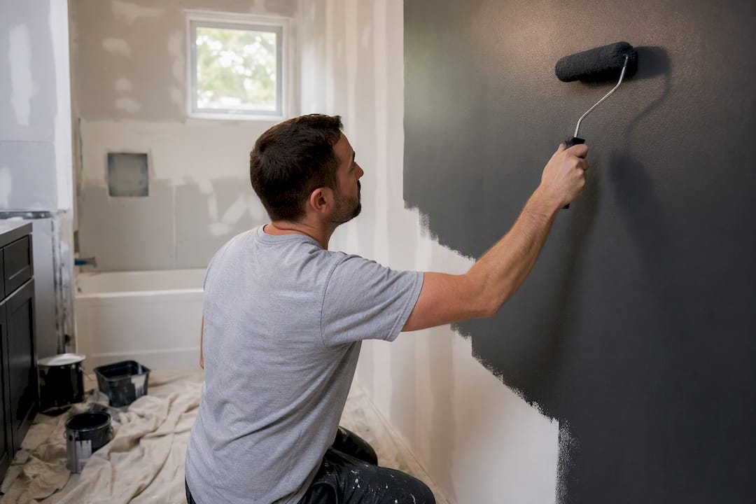 Homeowner painting bathroom wall with roller