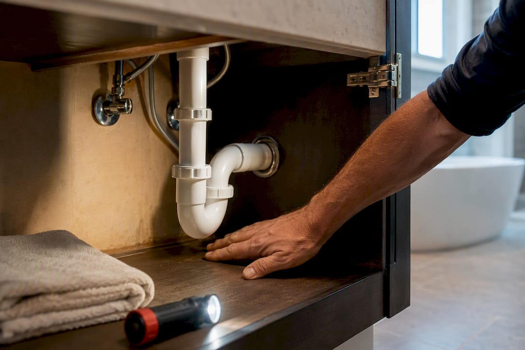 Hand inspecting bathroom vanity for moisture