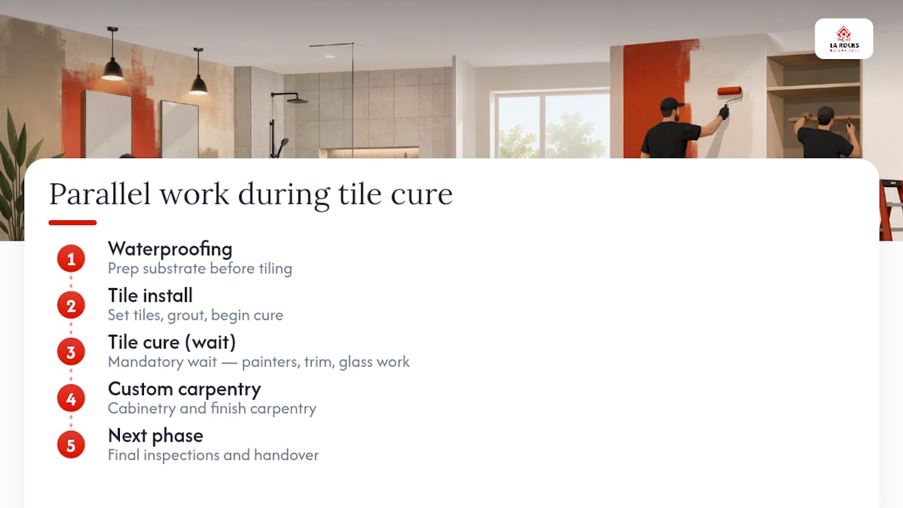 Trade sequencing during bathroom tile curing