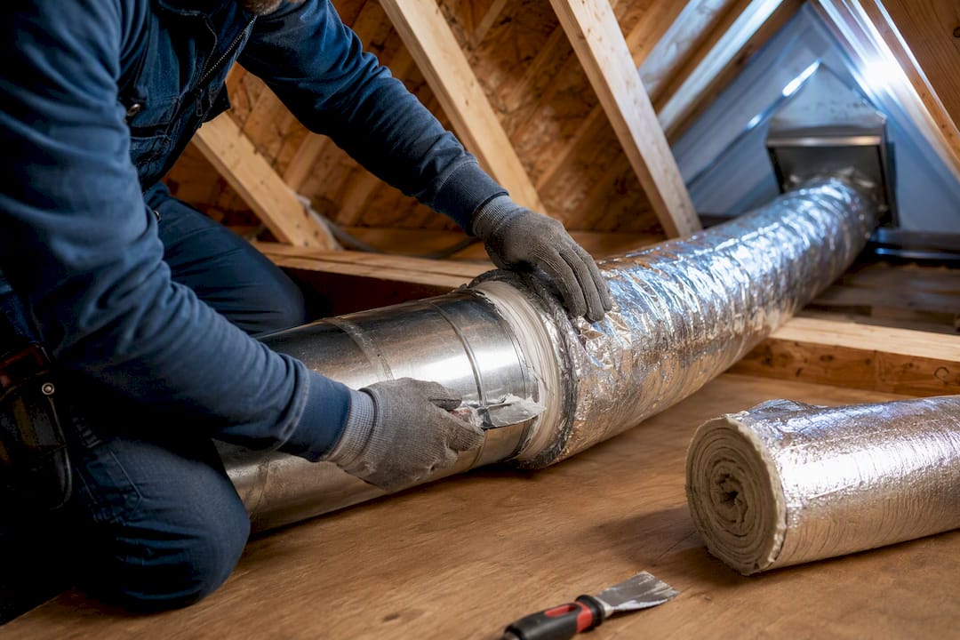 Contractor sealing bathroom exhaust duct joint