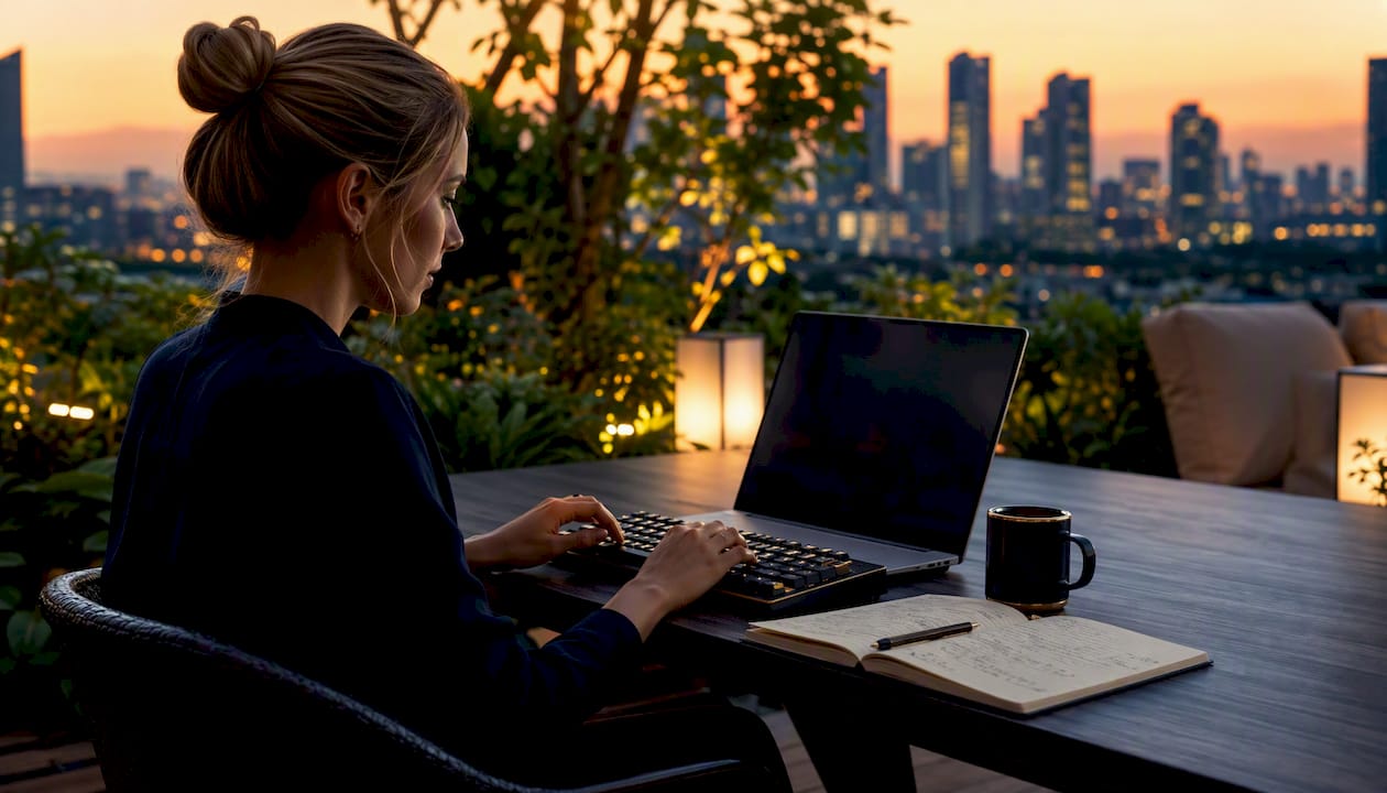 Hands adjusting mechanical keyboard in trading office