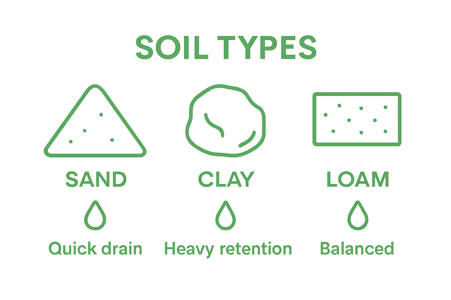 Illustration showing sand, clay, and loam soil types with water retention levels