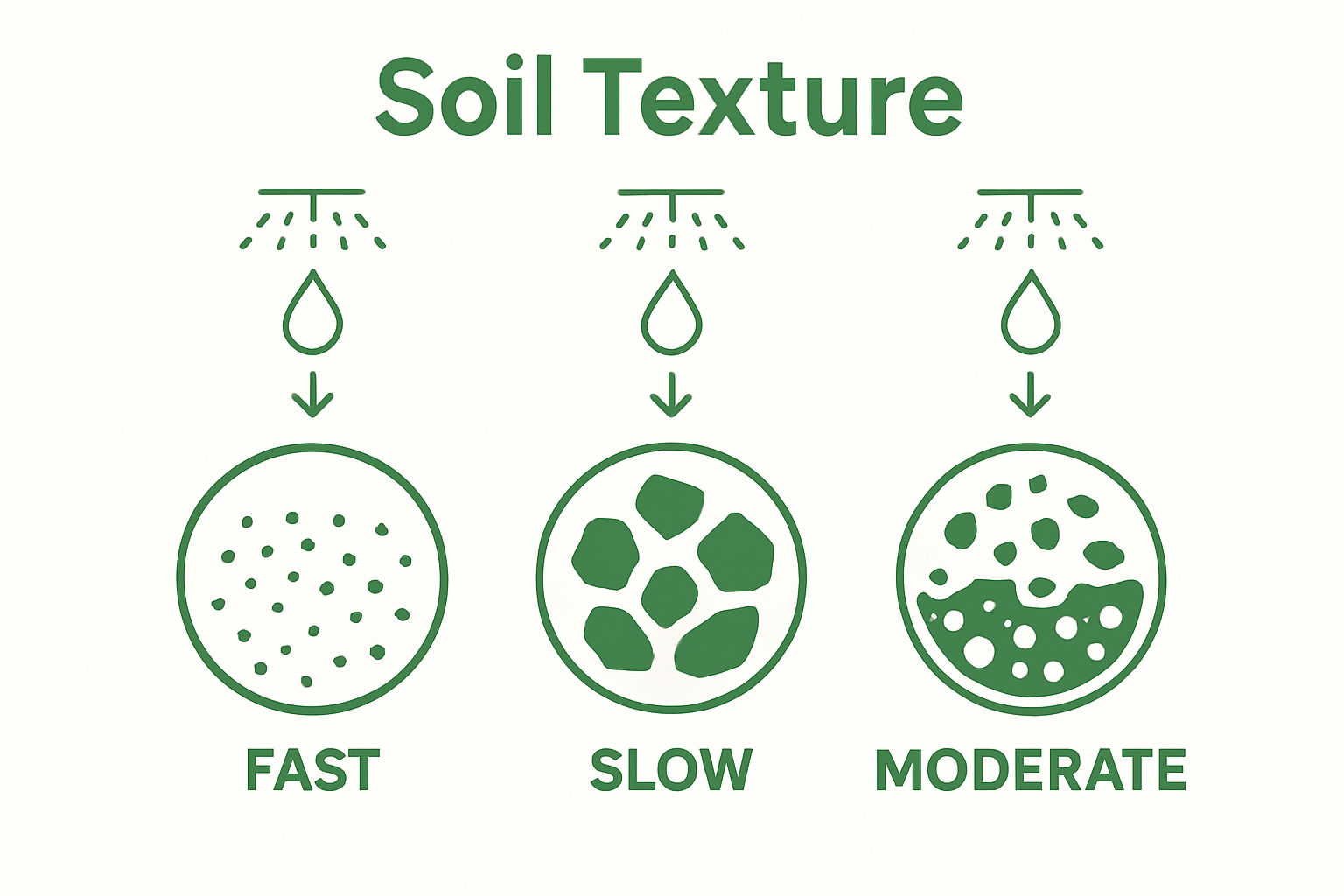 Infographic comparing sand, clay, and loam soil water retention