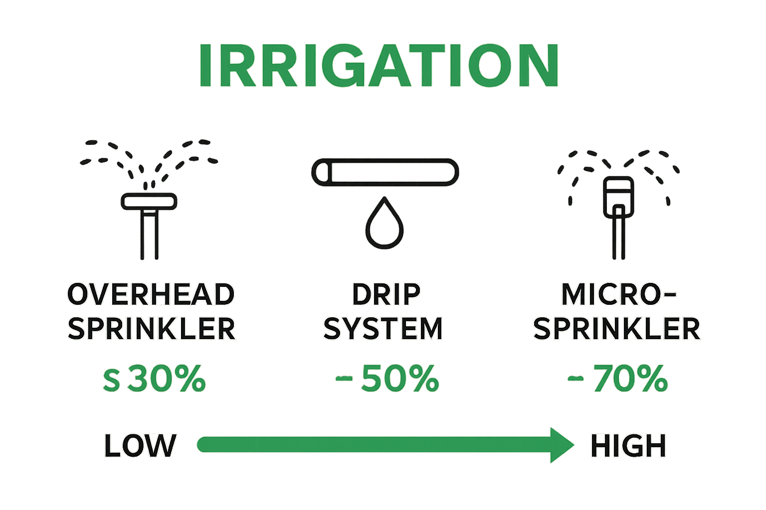 Simple comparison of residential irrigation methods with icons and water usage stats