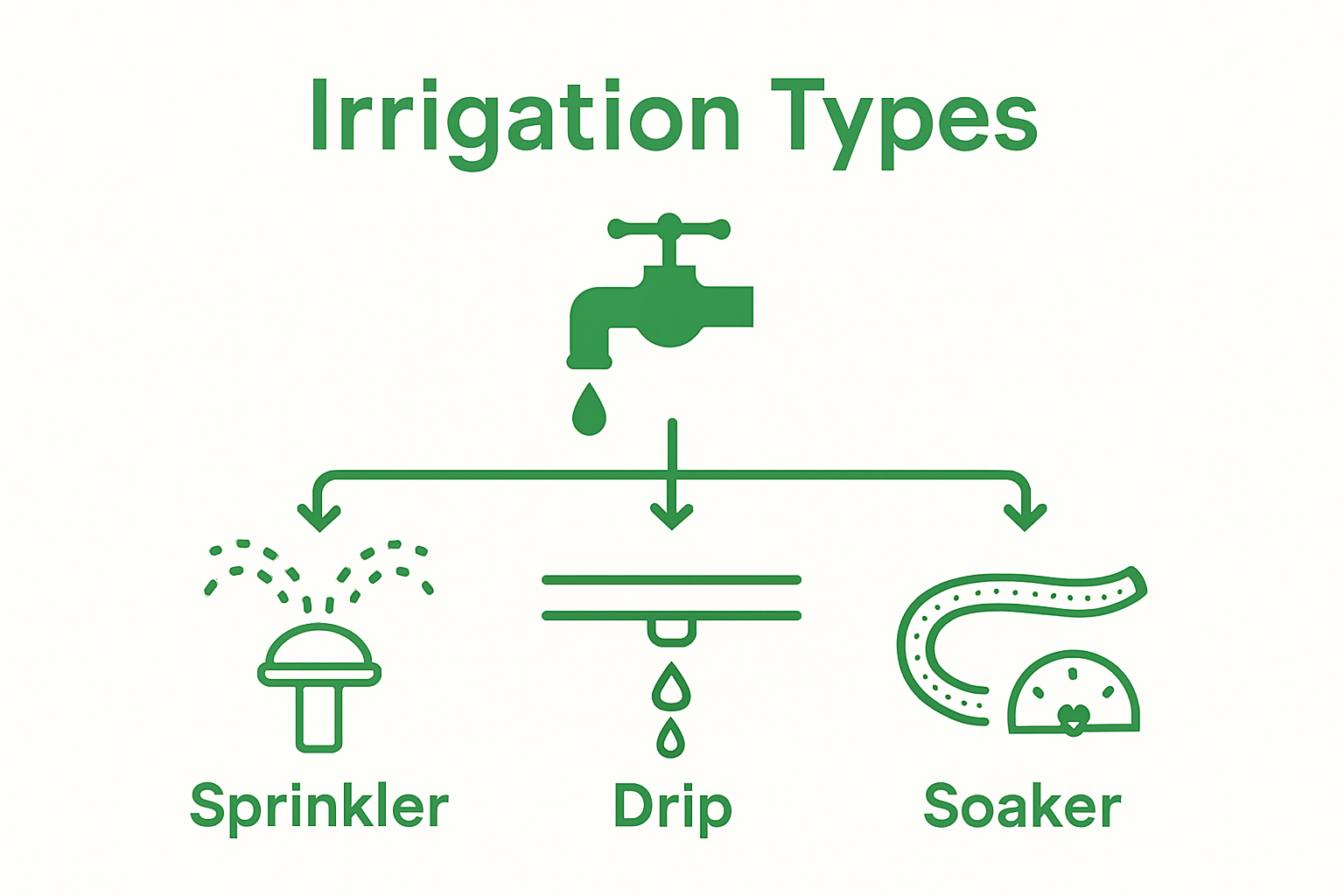 Comparison of three home irrigation system types - sprinkler, drip, and soaker