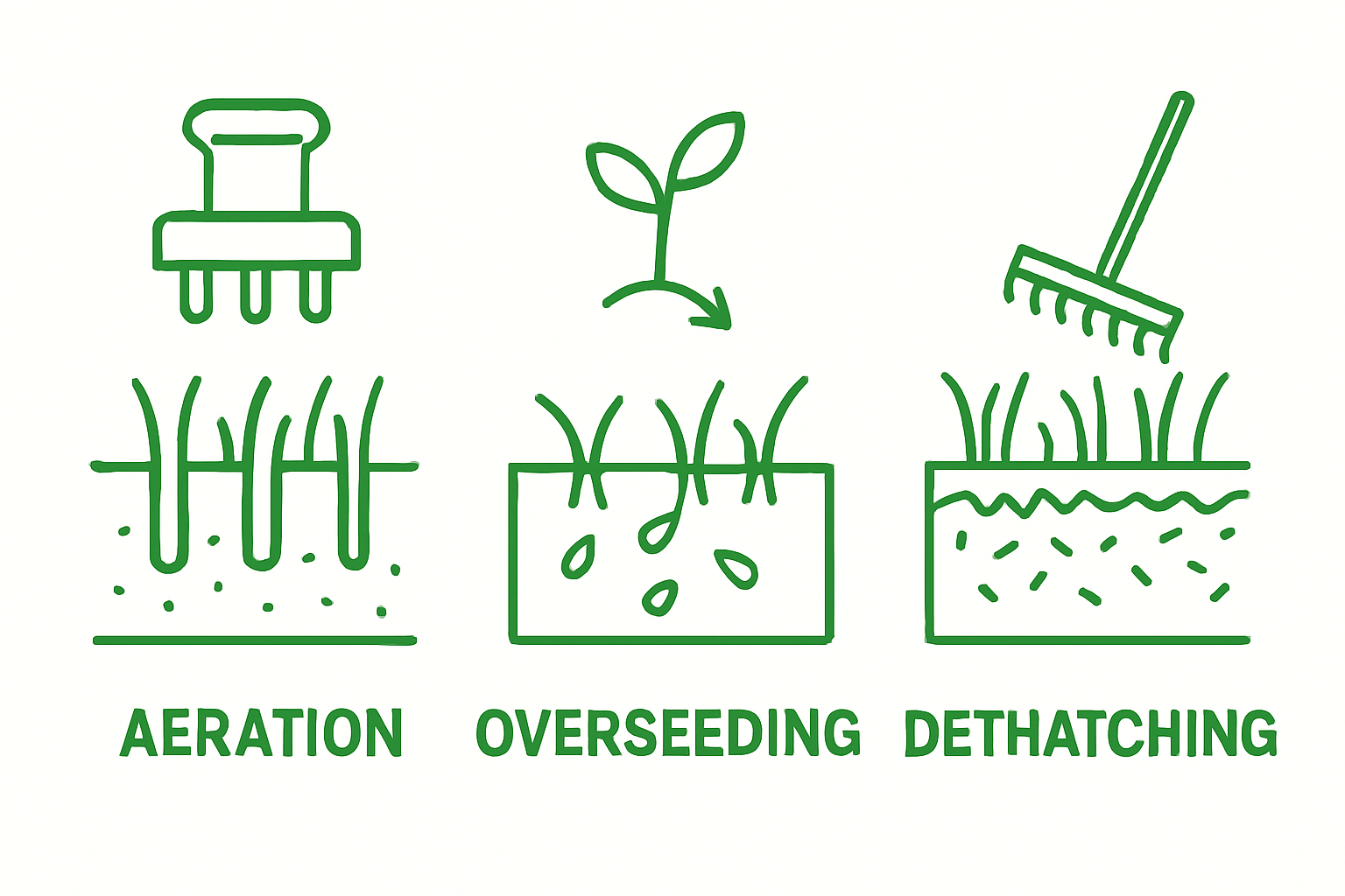 Visual comparison of aeration, overseeding, and dethatching practices