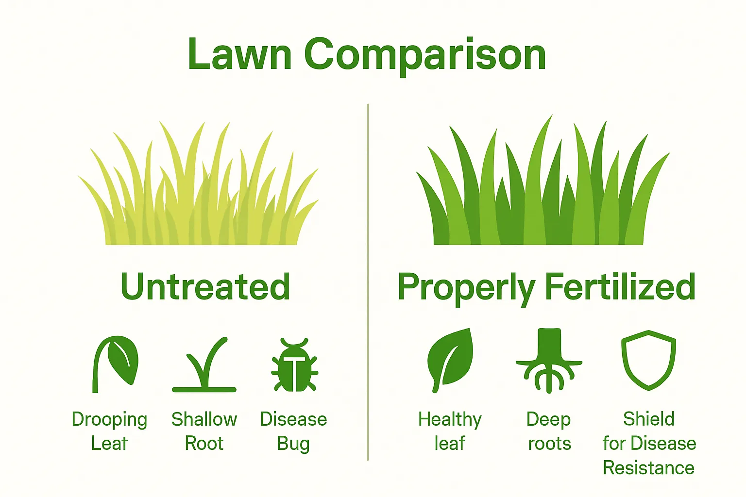Comparison of untreated vs. fertilized lawns with icons for color, root health, and disease resistance