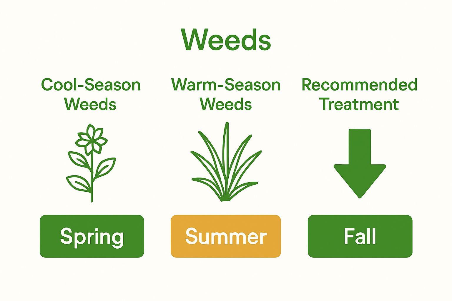 Infographic showing cool and warm season weeds with best treatment timing