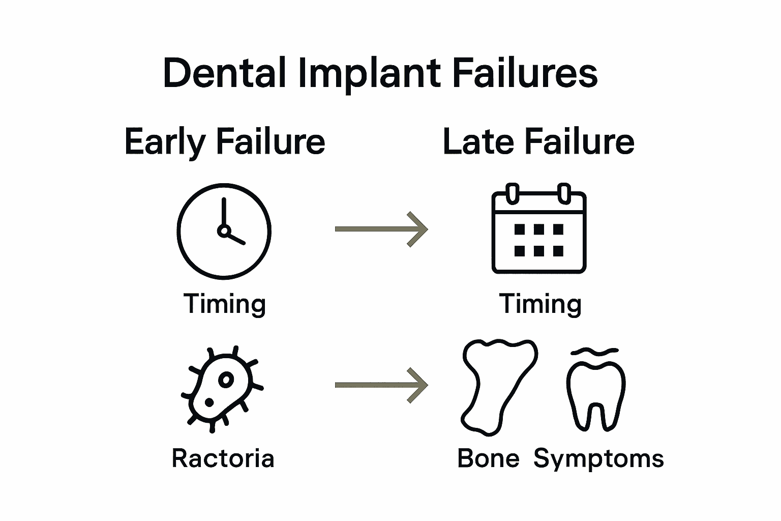 Infographic showing comparison of early vs late dental implant failures with icons and key differences.