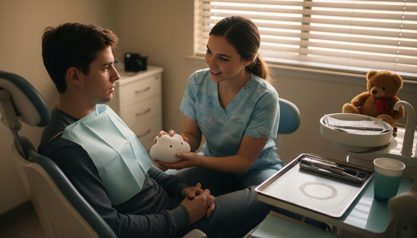 Patient comforted by hygienist in dental office