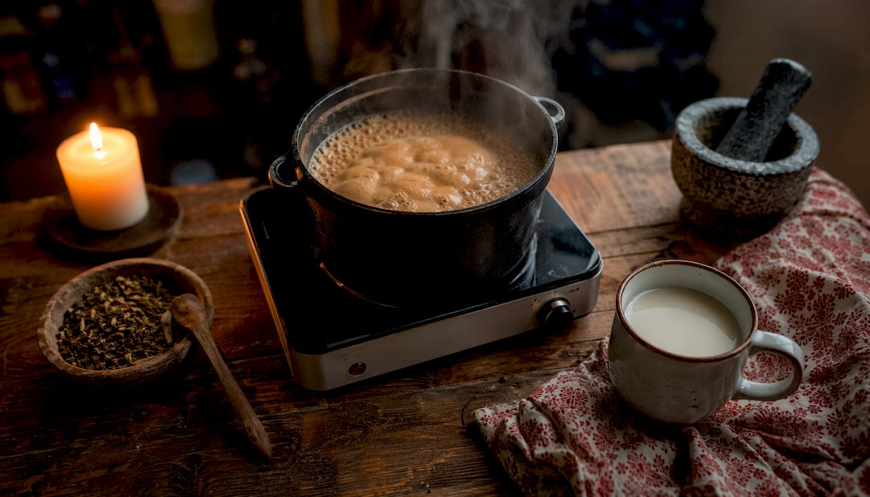 Masala chai simmering on stovetop