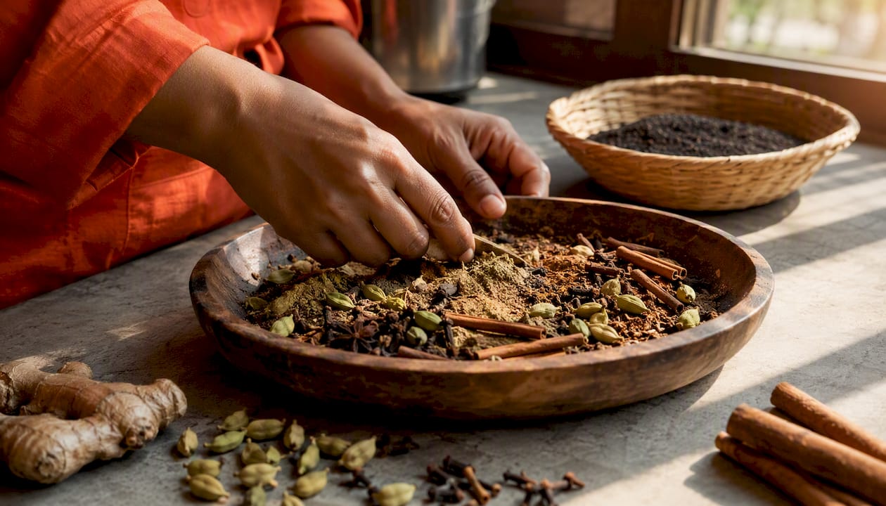 Hands adding authentic chai spices in bowl