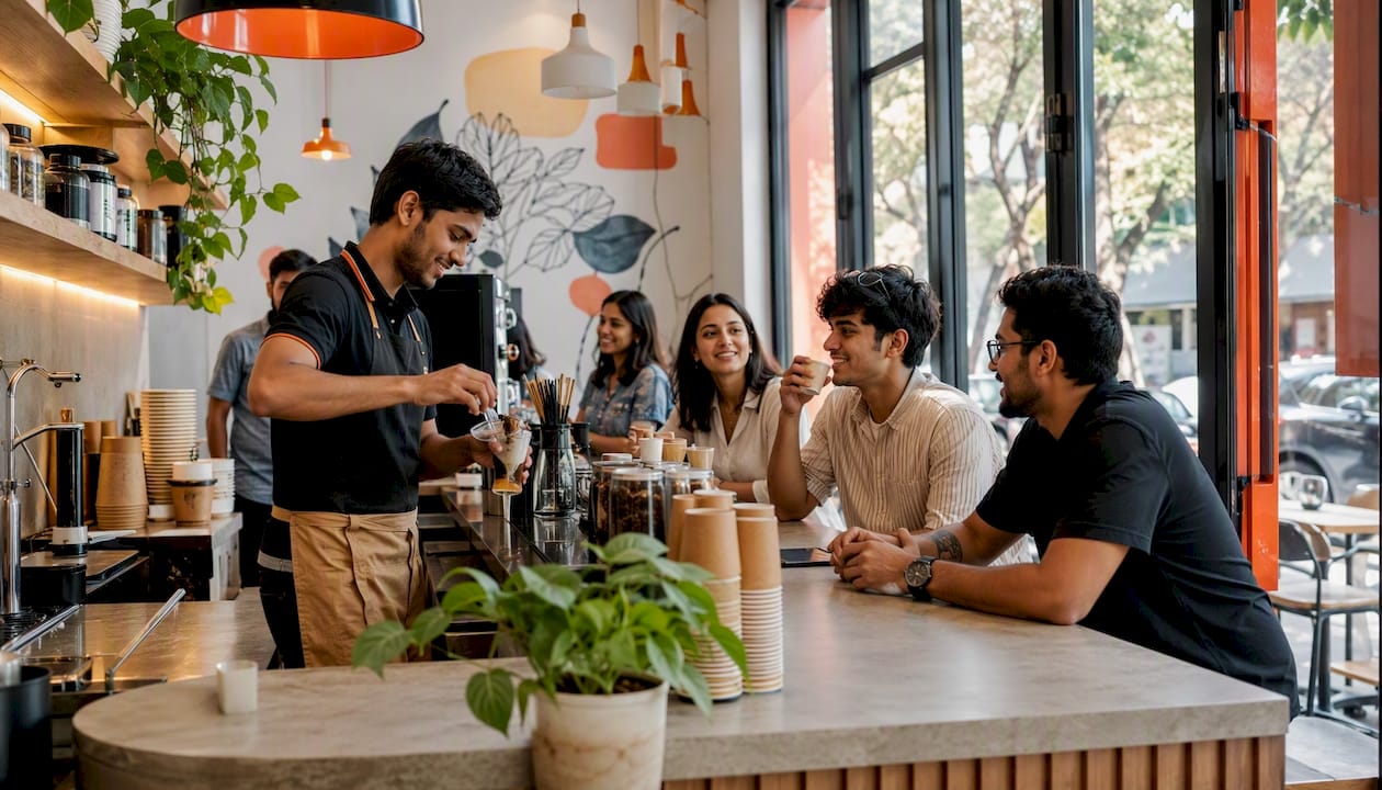 Busy interior of Dropout Chaiwala cafe with customers