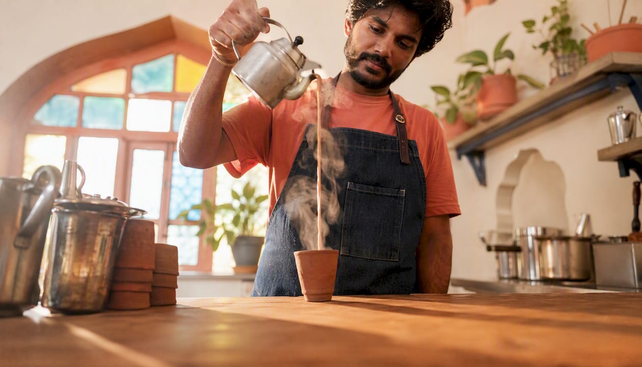 Barista pouring chai at Dropoutchaiwala cafe