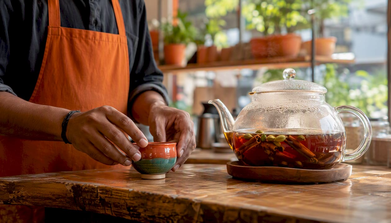 Close-up of spiced black tea brewing in teapot