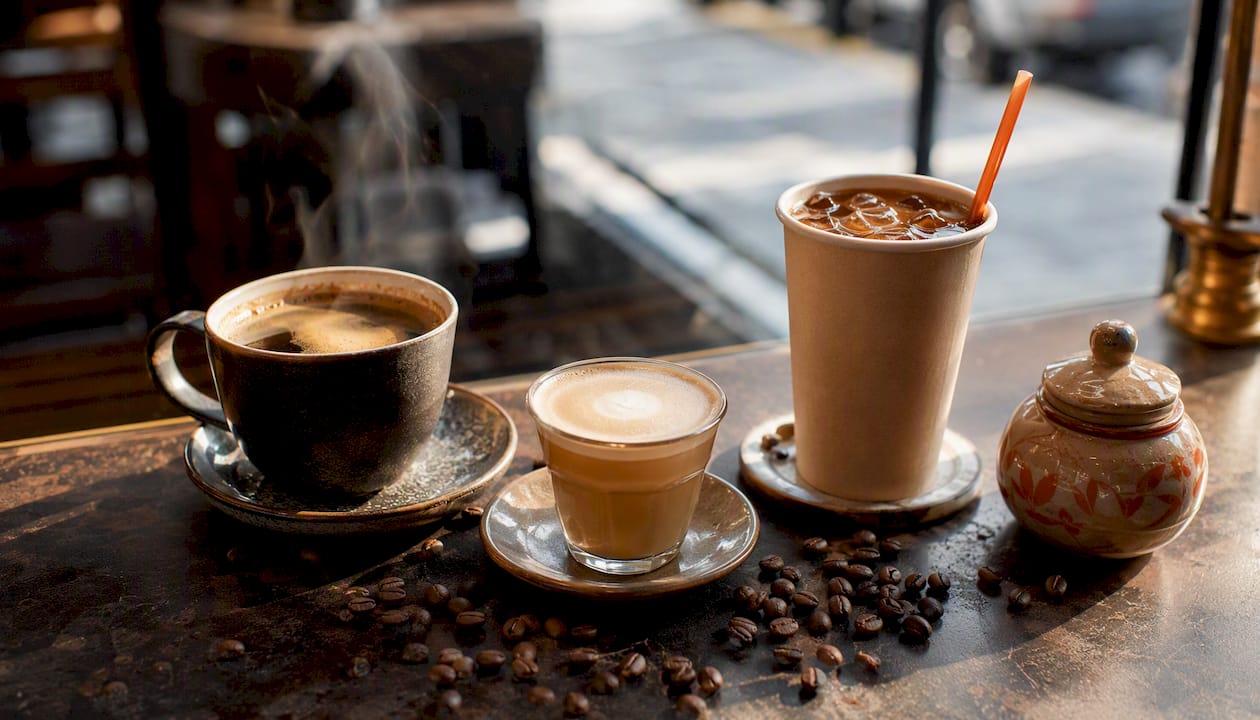 Overhead shot of three coffee styles on counter
