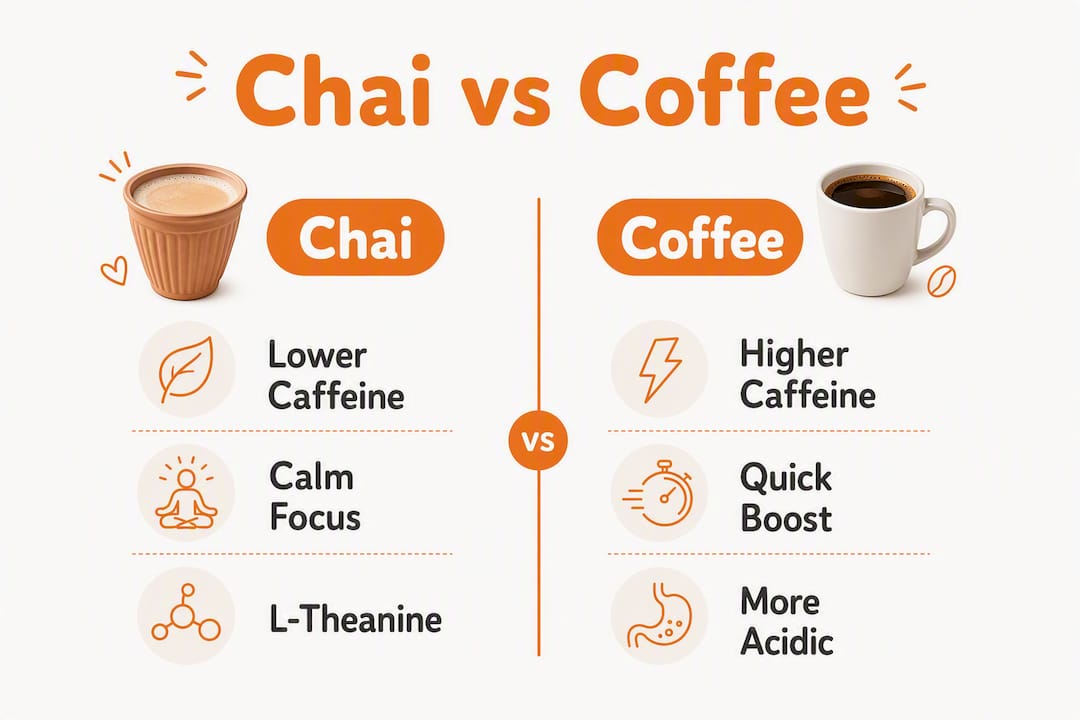 Infographic comparing chai and coffee caffeine effects
