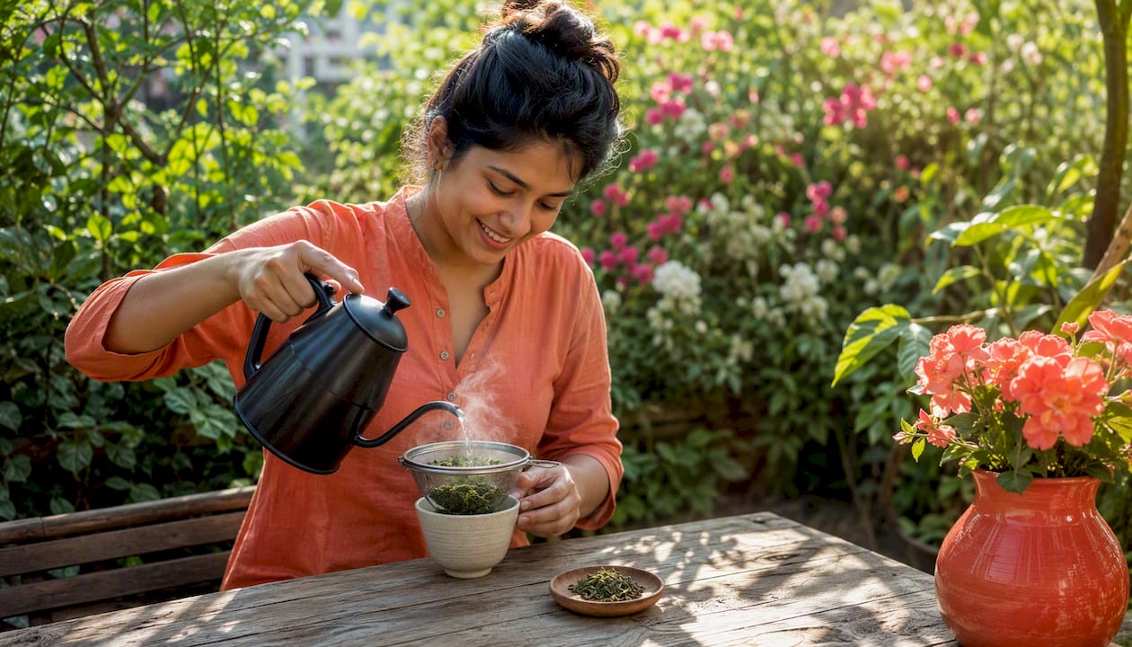 Close-up of fresh green tea leaves and brewed cup