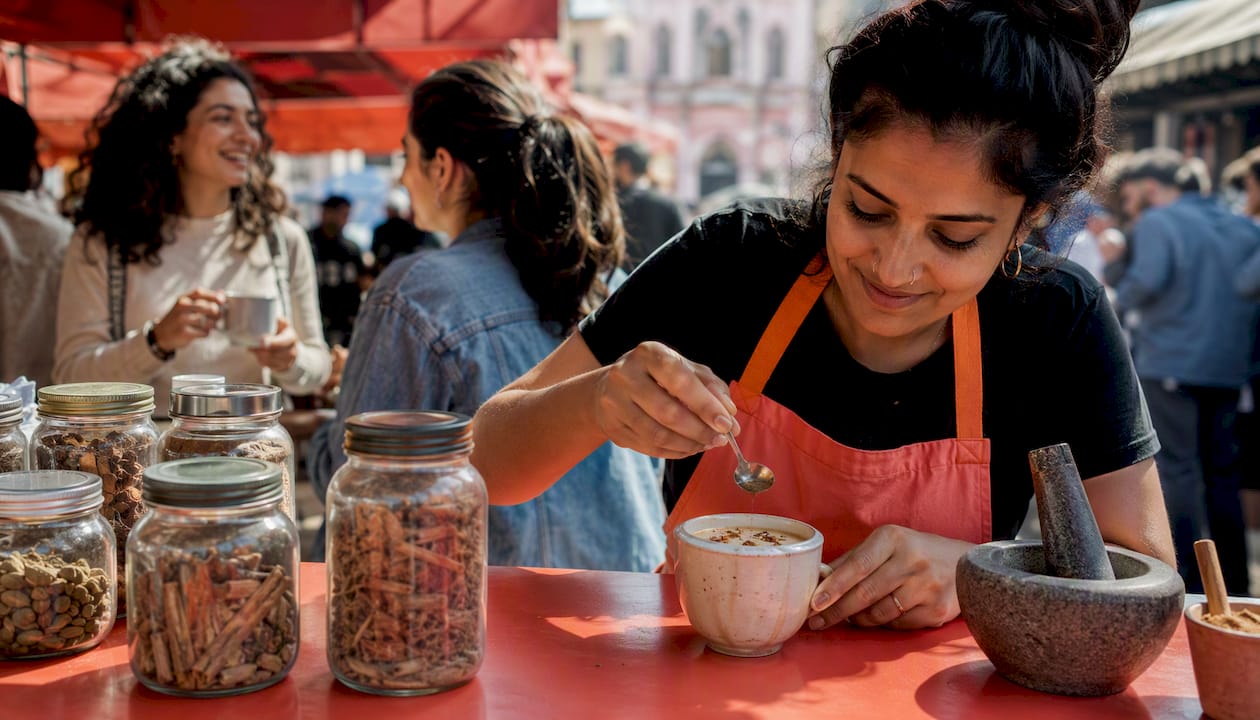 Barista improving low sugar chai flavor in café