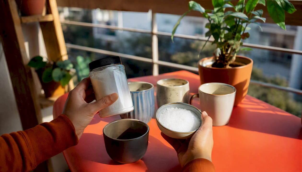 Hands holding natural sweeteners for chai