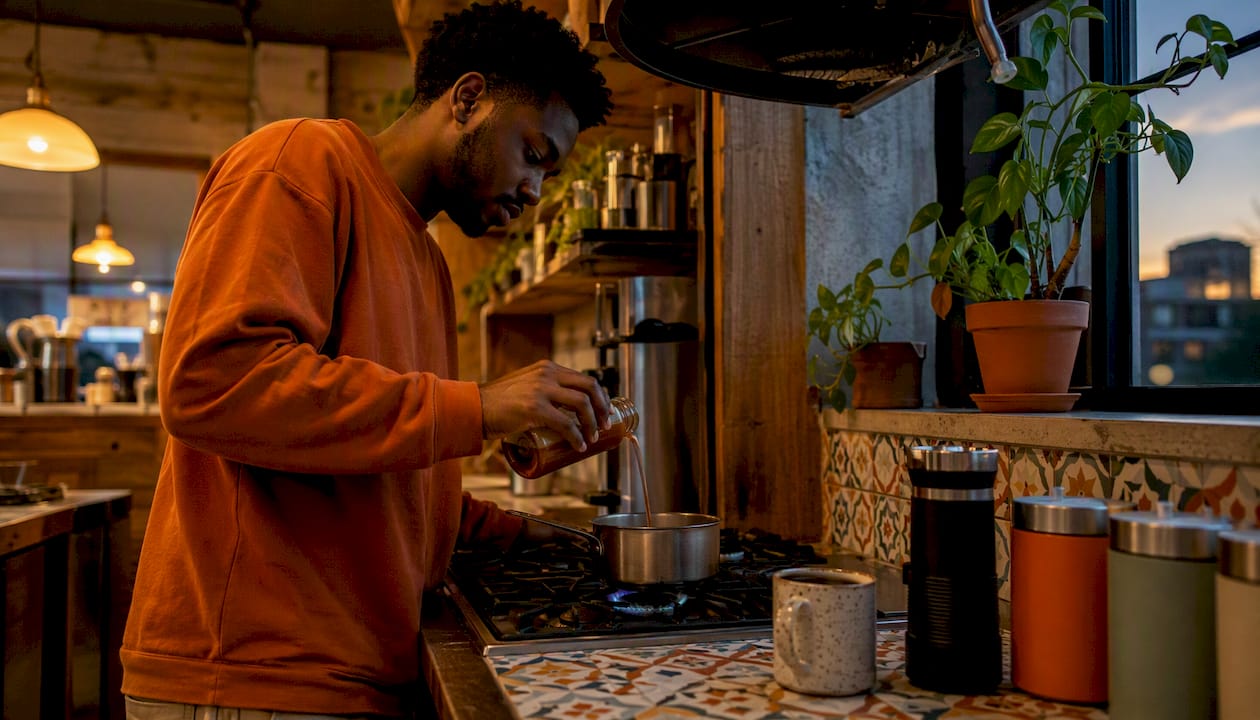 Man preparing chai latte concentrate in kitchen