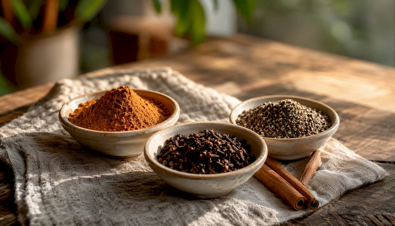 Close-up of chai spices in bowls