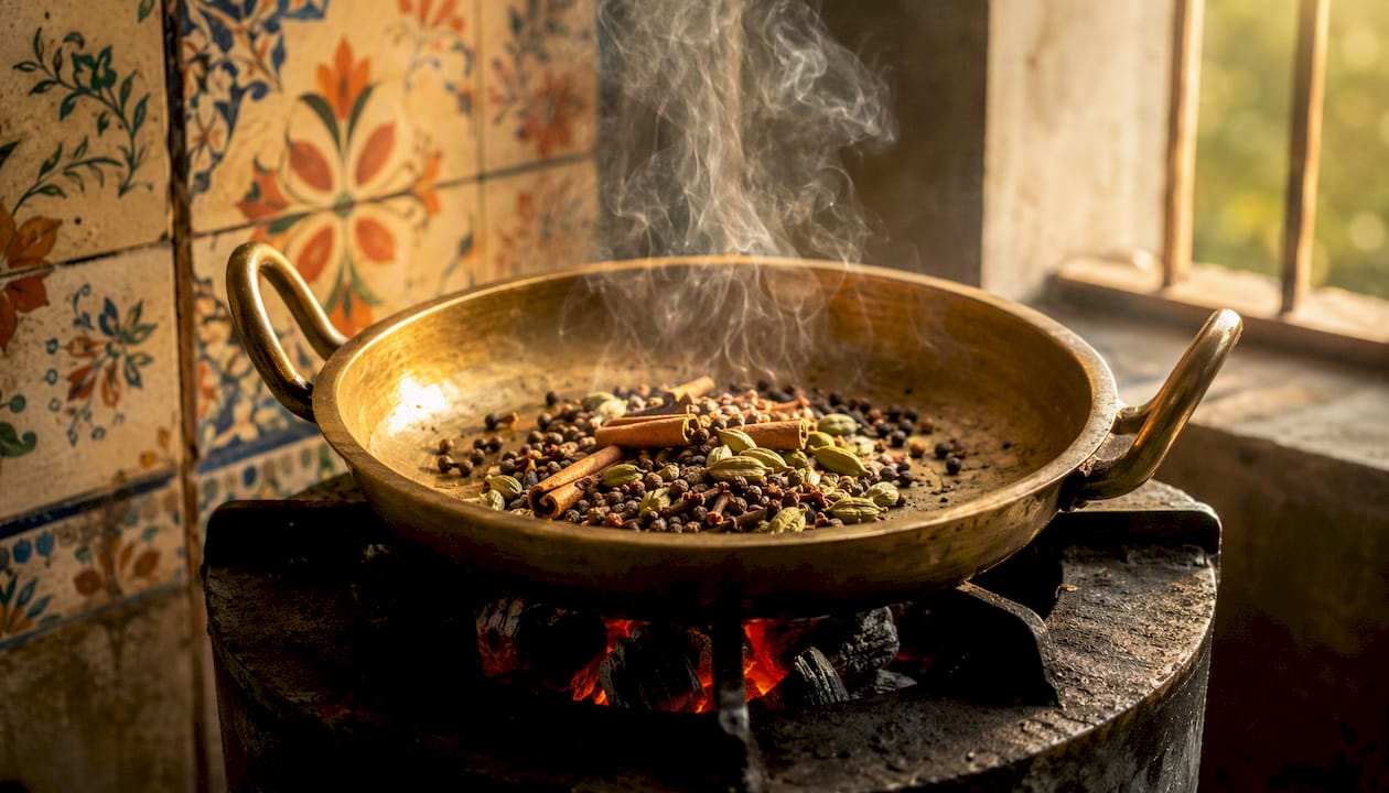 Whole chai spices toasting in pan