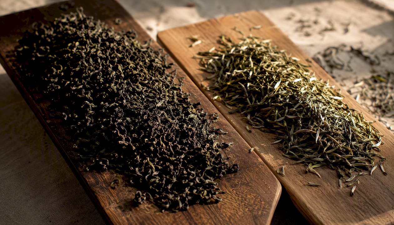 Close-up of Assam and Darjeeling tea leaves