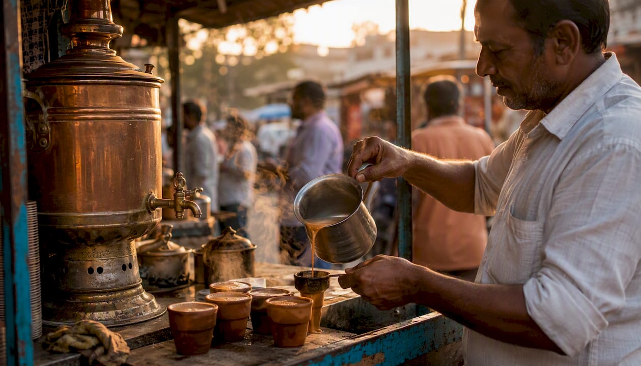 Chai stall with pouring tea in clay cups