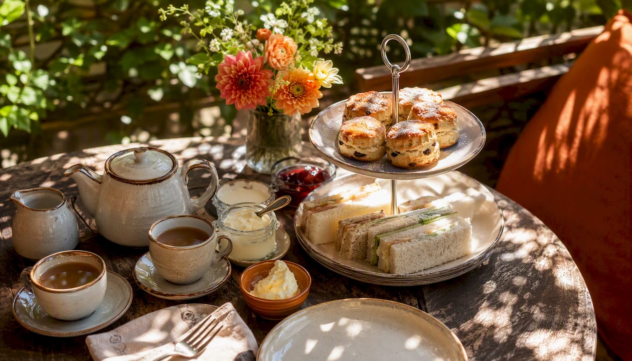Porcelain tea set with scones on table