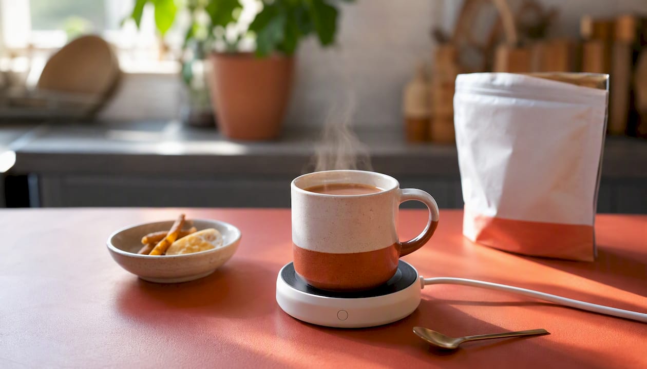 Ceramic mug steaming on electric mug warmer at desk