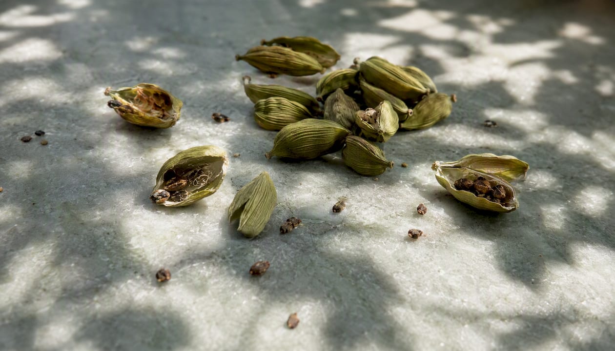 Cracked green cardamom pods on linen