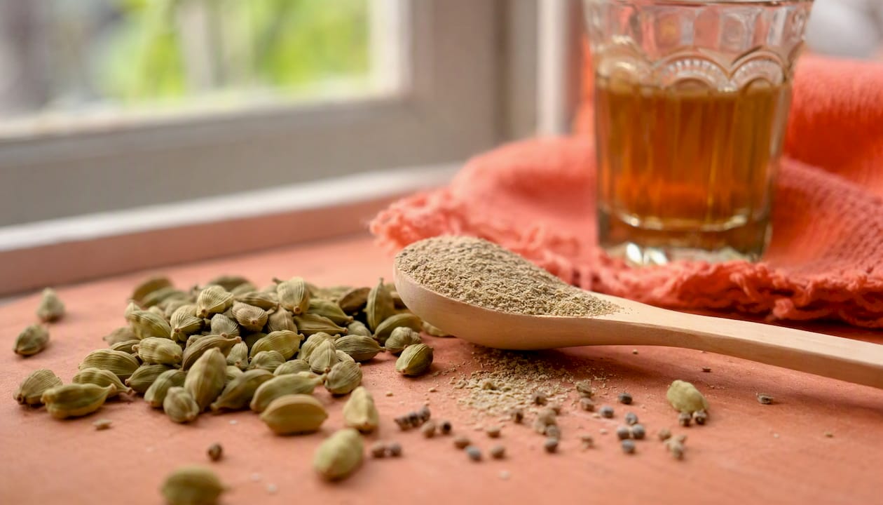 Green cardamom pods and ground powder for digestion