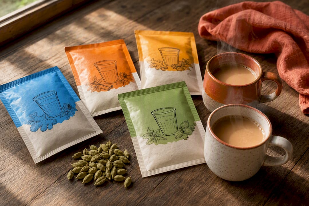 Chai premix sachets and cups on kitchen counter