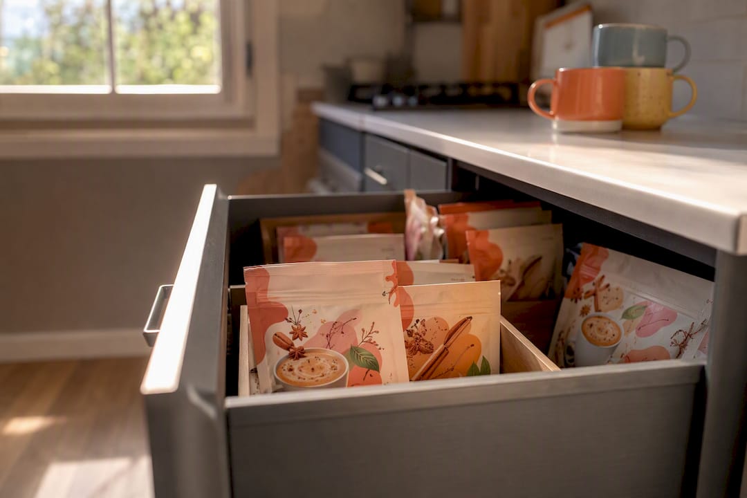 Desk drawer stocked with chai premix packs