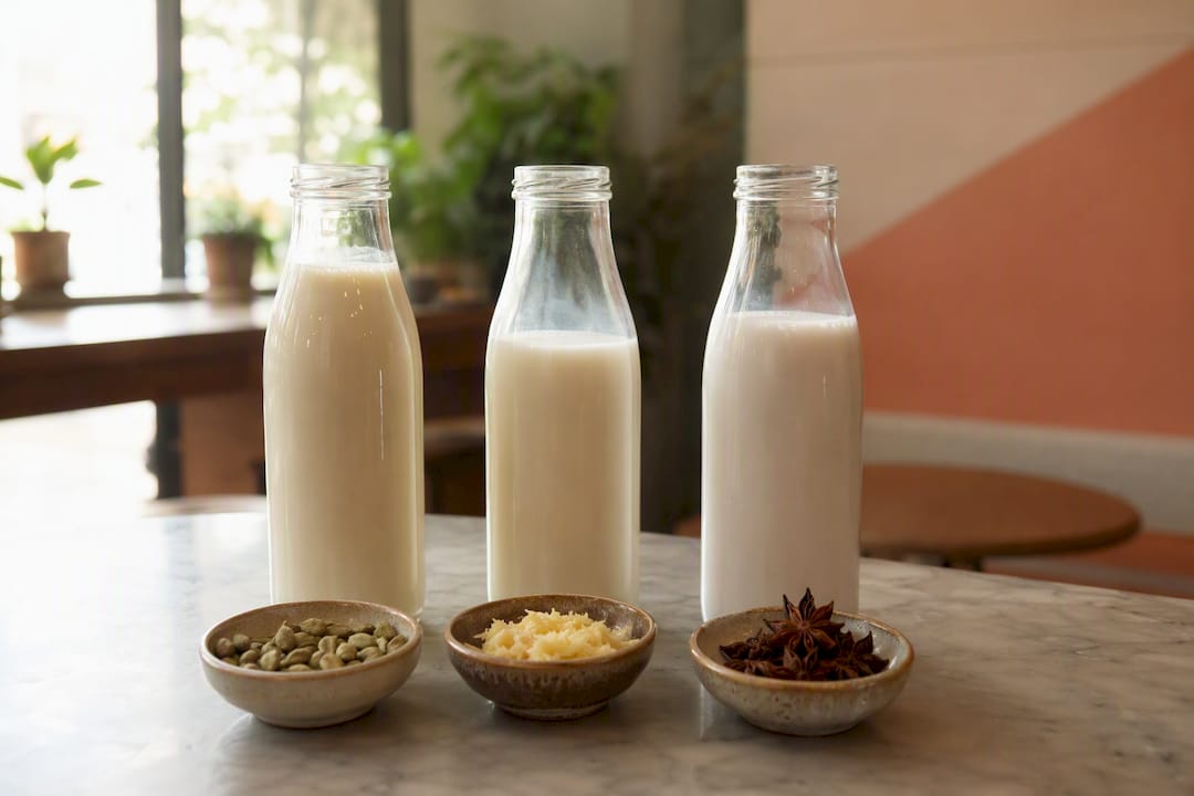 Oat, cashew, and coconut milk bottles with spices