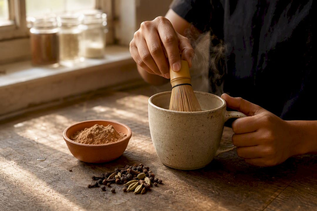 Stirring premix powder into hot oat milk for chai