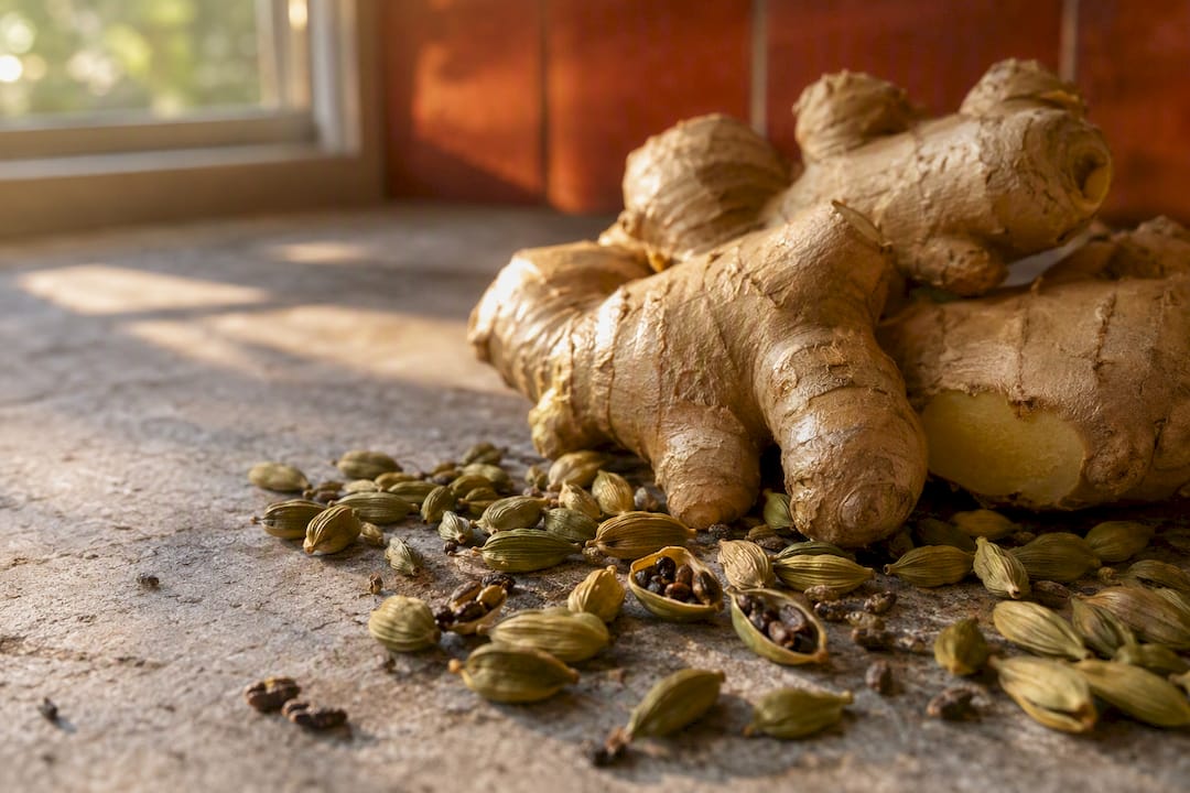 Fresh ginger and cardamom on wooden board