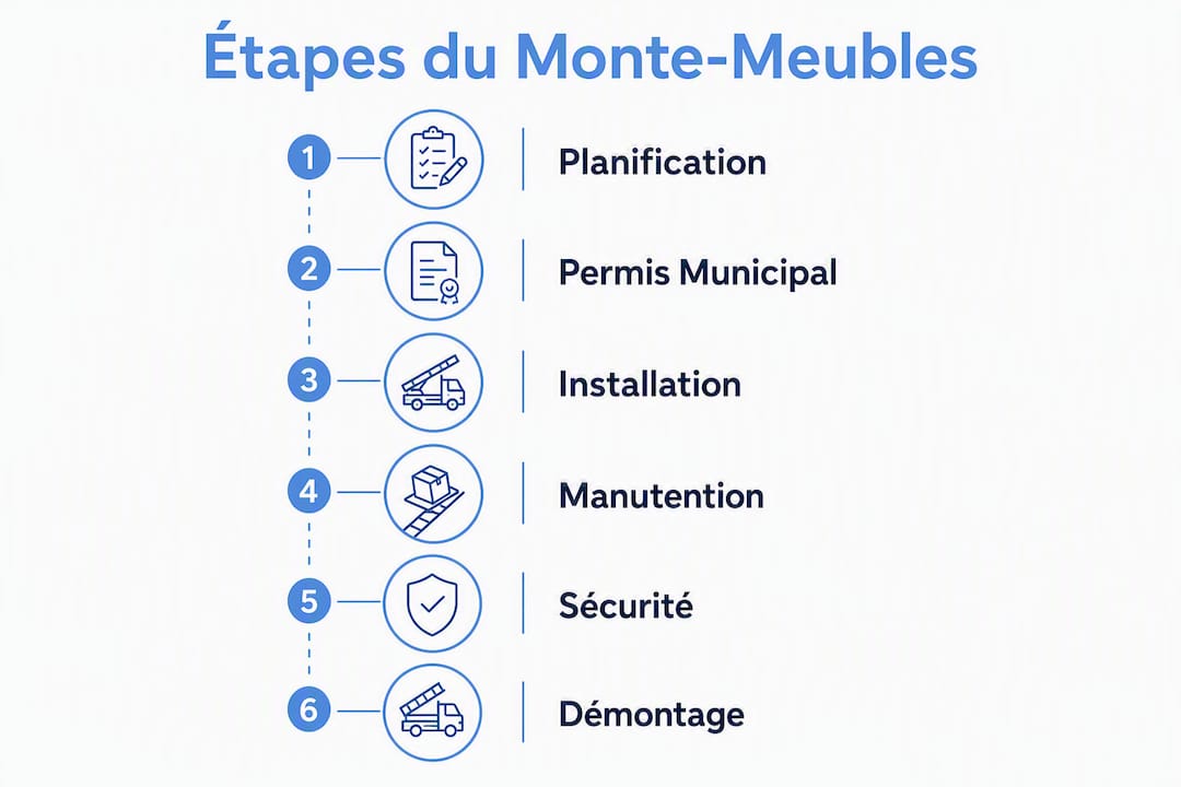 Découvrez en image le déroulement d’une opération avec un monte-meubles, étape par étape.