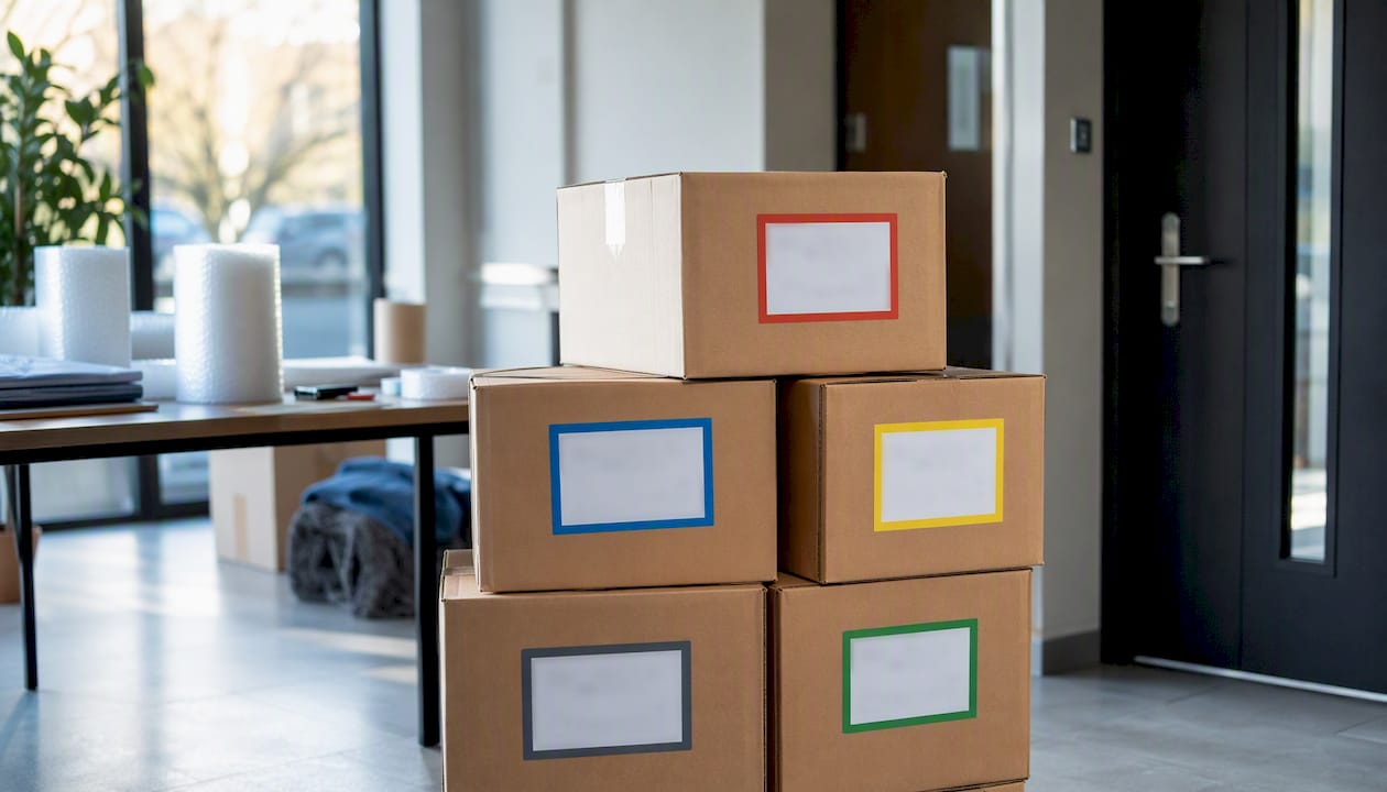 Des cartons de déménagement empilés, triés par couleur, occupent un coin du bureau.