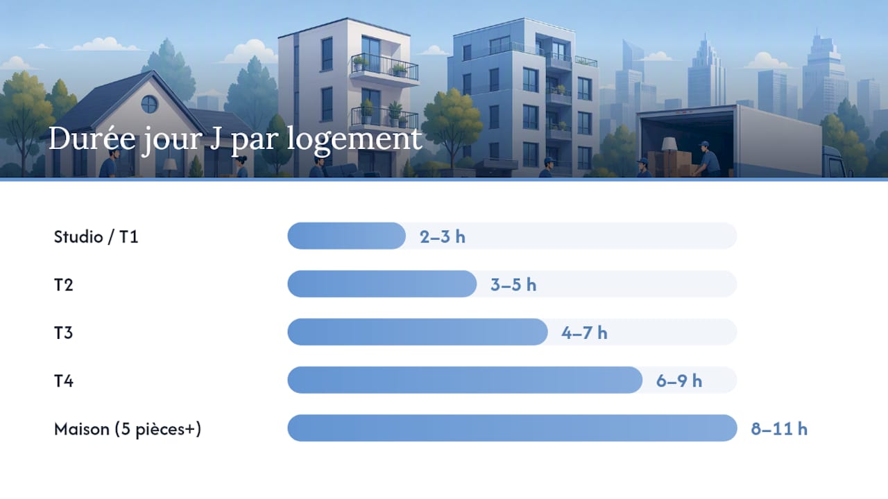 Tableau comparatif des durées de déménagement selon le type de logement et le volume à transporter